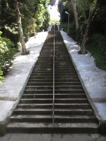 洲崎神社の急な石段を登る